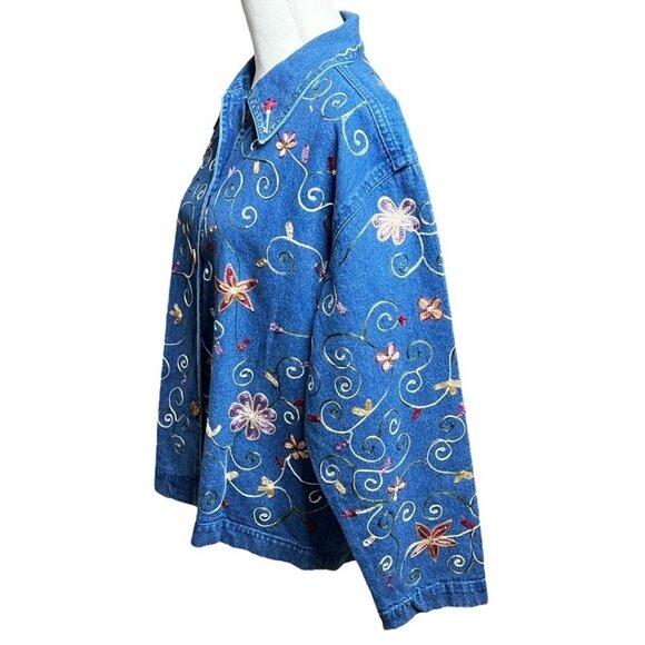 VTG UNITS Women's Lightweight Denim Jacket 1980's Embroidered Flowers Vines XL - Picture 4 of 7